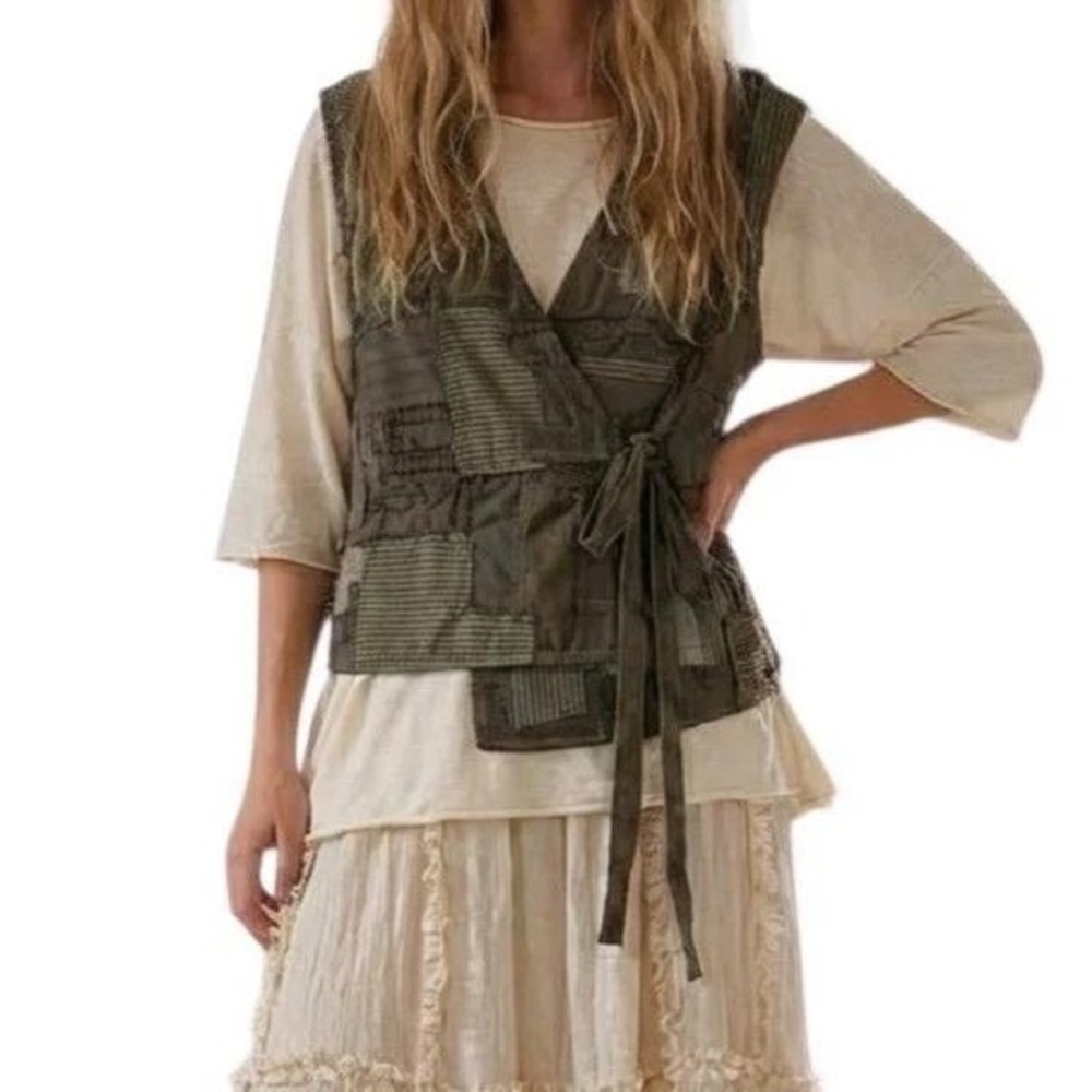 Blue Velvet Patchwork Wrap Vest Distressed Earthy Boho Med Grunge Indie‎ S Fairy